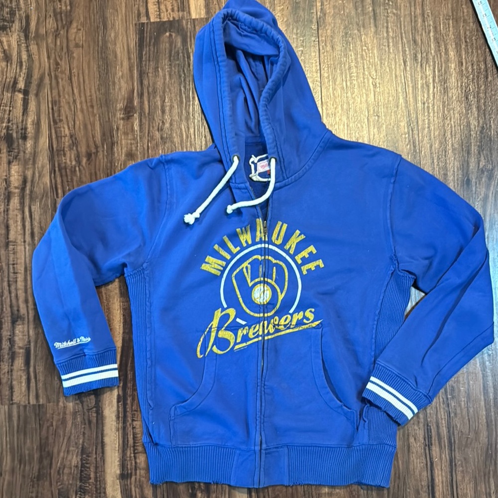 Mitchell & Ness Milwaukee Brewers DISTRESSED Blue Hoodie - MEDIUM